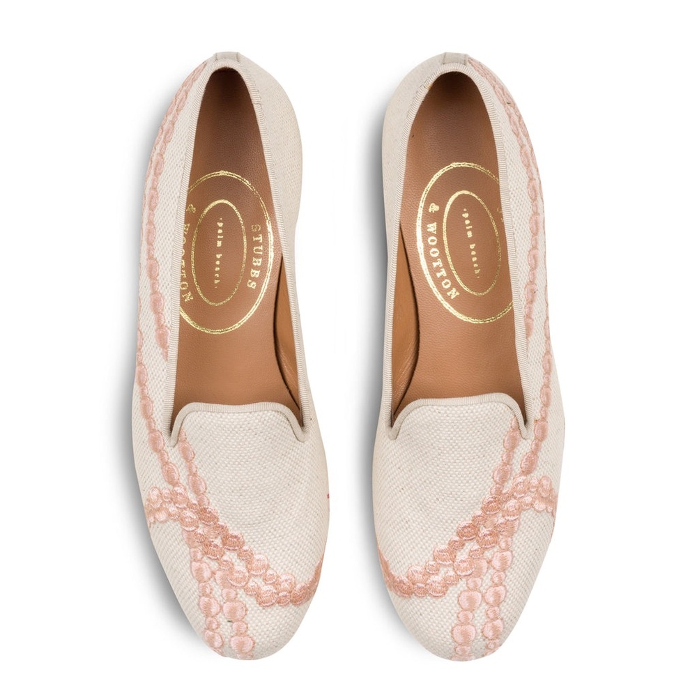 Stubbs & Wootton PEARLS IVORY LINEN SLIPPER pink tan 7 embroidered leather